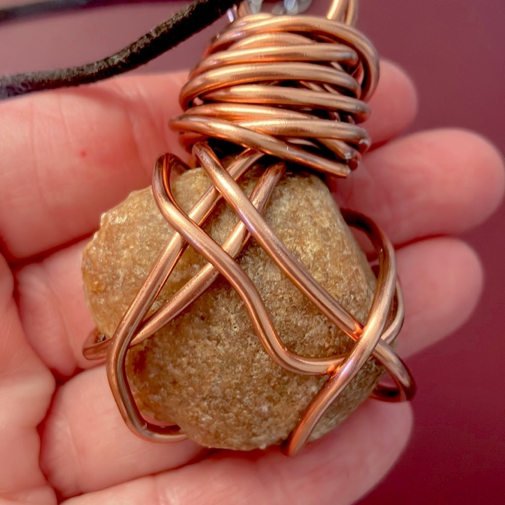 Handmade necklace stone rock from California leather rope chain